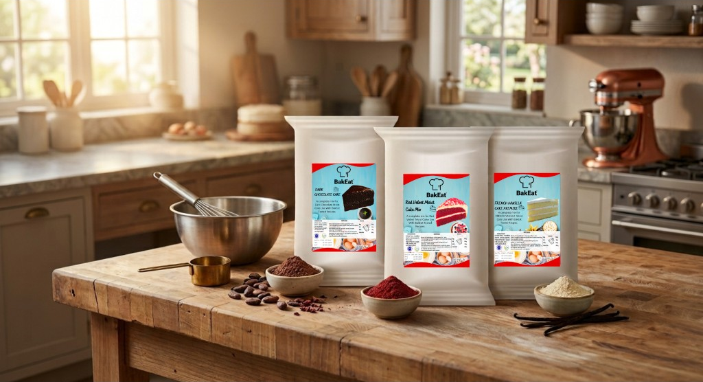 Bakeat Dark Chocolate, Red Velvet, and French Vanilla premixes